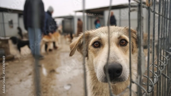 Fototapeta A close-up of a light brown dog with expressive eyes, behind a wire fence in an animal shelter. People are blurred in the background, creating a sense of urgency.