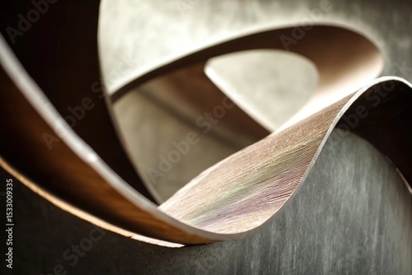 Fototapeta Abstract sculpture focuses on intertwining curved metallic structures with smooth texture, showcasing modern art. The interplay of light and shadow highlights intricate details