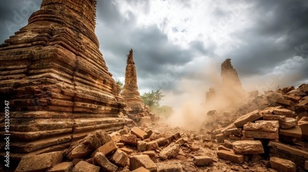 Fototapeta Ruins of ancient structures with dust clouds rising. The scene captures weathered stone towers and scattered debris under a dramatic sky.