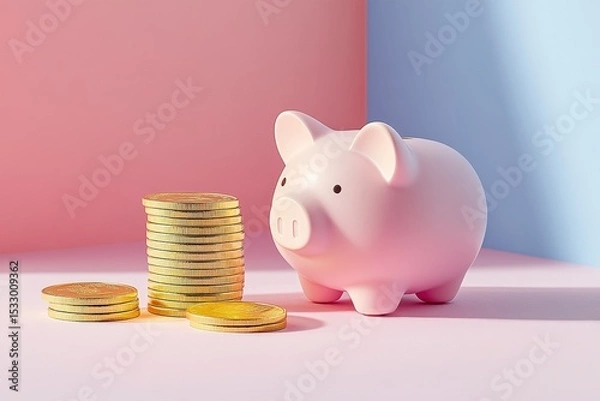 Fototapeta A pink piggy bank next to a stack of gold coins on a pastel background. The scene represents savings and financial planning.