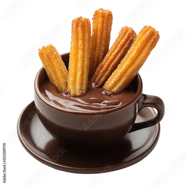 Fototapeta Churros with hot chocolate isolated on transparent background