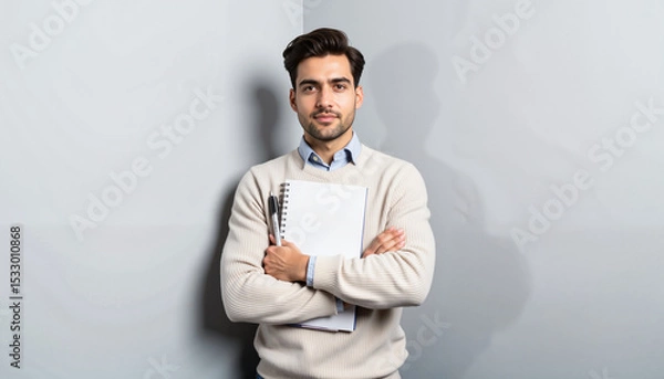 Obraz Confident young man standing with arms crossed holding a notebook