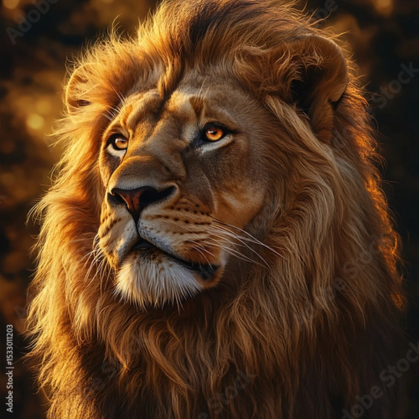 Fototapeta Hyperrealistic portrait of lion showcasing its detailed fur and majestic expression, capturing essence of strength and beauty in nature