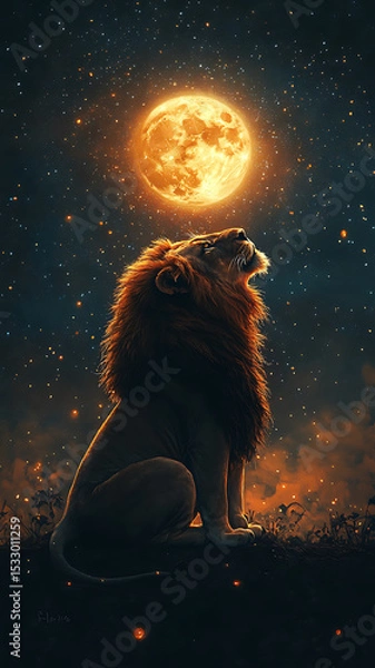 Fototapeta Majestic lion sits under starry night sky, gazing up at glowing full moon. scene evokes sense of wonder and tranquility, highlighting beauty of nature