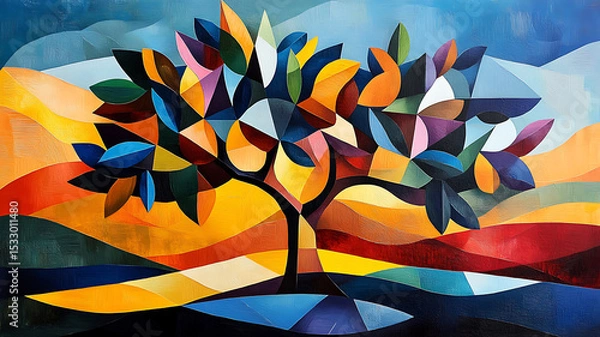 Fototapeta Abstract interpretation of olive tree with bold geometric shapes and vibrant colors, showcasing harmonious blend of nature and art. emotional expression evokes sense of tranquility and creativity