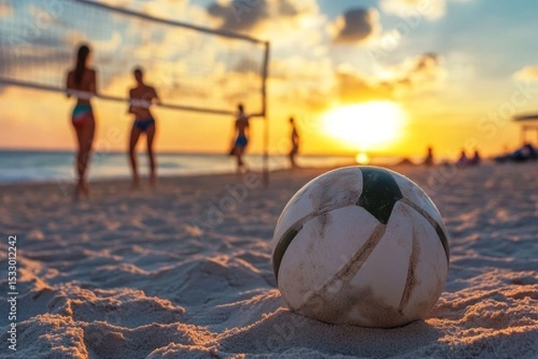 Fototapeta Volleyball on the sand with players strolling on the beach during a beautiful sunset