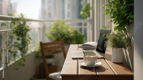 Fototapeta Minimalistic home office setup with laptop and coffee cup on balcony surrounded by plants, perfect for remote work, freelancing, and lifestyle blogs