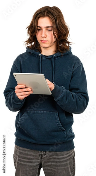 Fototapeta A young person with long hair uses a tablet, engrossed in the device's screen.