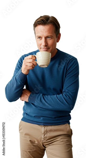 Fototapeta A man enjoying his morning coffee in a comfortable, casual setting.