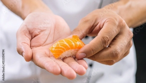 Fototapeta A chef's hands delicately holding a piece of fresh sushi, showcasing the artistry and care put into culinary creation.
