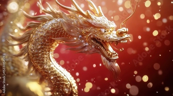 Fototapeta Golden dragon with a red background, sparkling diamond embellishments Generative AI