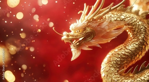 Fototapeta Golden dragon with a red background, sparkling diamonds, a festive New Year atmosphere, golden scales, a long body Generative AI