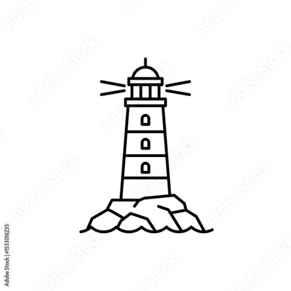 Fototapeta Lighthouse standing on rocks with light beams during daytime  