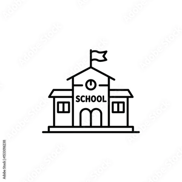 Fototapeta Outline of a school building with flag and clock on top  