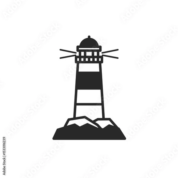 Fototapeta Lighthouse silhouette on rocky coast concept of Buildings and structures  