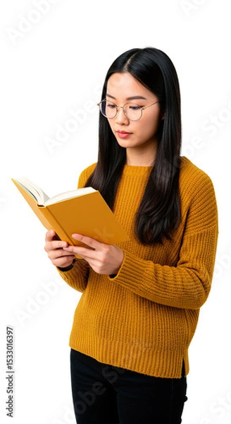Fototapeta Asian woman in glasses reads a book, showing a focused and relaxed expression.