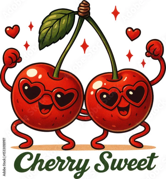 Fototapeta Playful cartoon cherries with heart glasses and "Cherry Sweet" text—great for Valentine's apparel, summer merch, or cute food-themed designs.