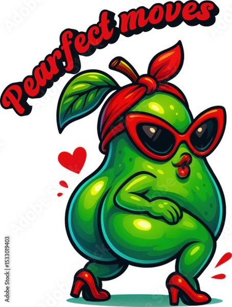 Fototapeta Sassy pin up pear in heels and shades with “Pearfect Moves” pun—ideal for funny summer shirts, dance-themed merch, or playful fruity designs.