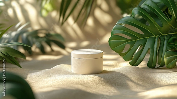 Obraz Realistic mockup of a round matte tin with minimal labeling, resting on warm beige sand with detailed texture. Clean, modern look—ideal for skincare or cosmetic product presentation.
