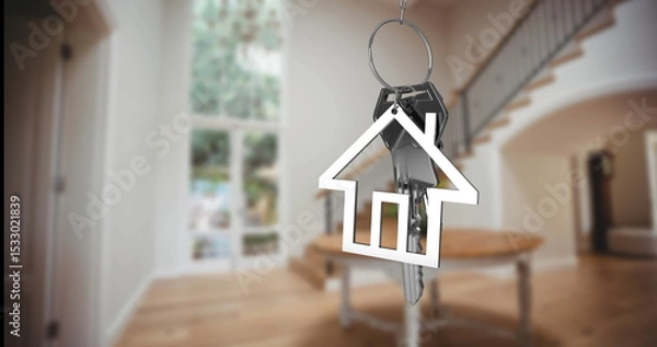 Obraz Dangling metallic key ring with house-shaped key fob and keys in entry hall with curved staircase