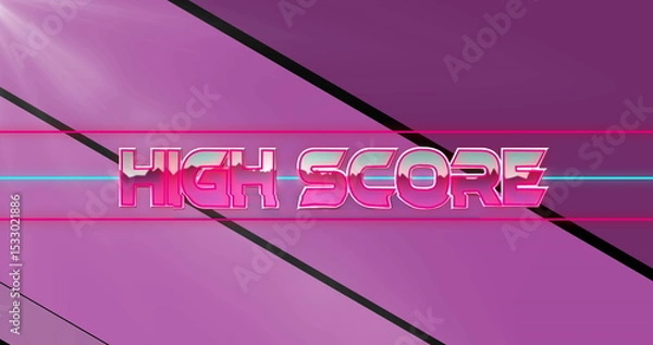 Fototapeta HIGH SCORE text glowing in synthwave, with cyan and pink neon lines, slanted black bars, lens-flare