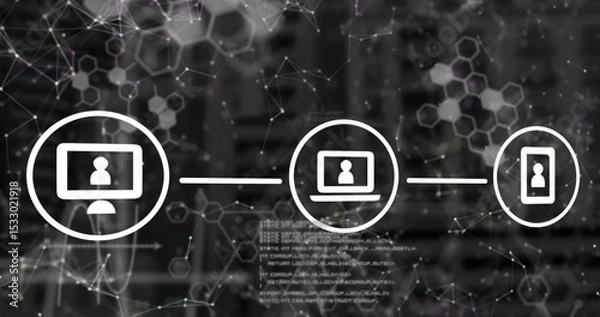 Fototapeta Linking white laptop icon in network, with desktop and phone icons lines nodes hex patterns code