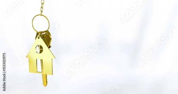 Obraz Displaying gold house-shaped keychain pendant with two gold keys against white backdrop, copy space