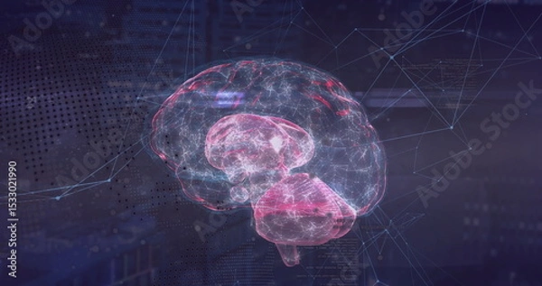 Obraz Floating holographic brain model showing neural pathways in data interface, with network nodes