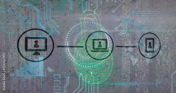 Obraz Showing fingerprint with overlaid laptop and lock in network security, with desktop and phone icons
