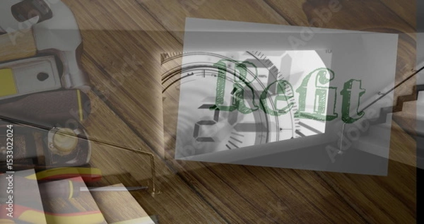 Fototapeta Displaying hand tools on workshop bench with Refit sheet, clock and chart overlays