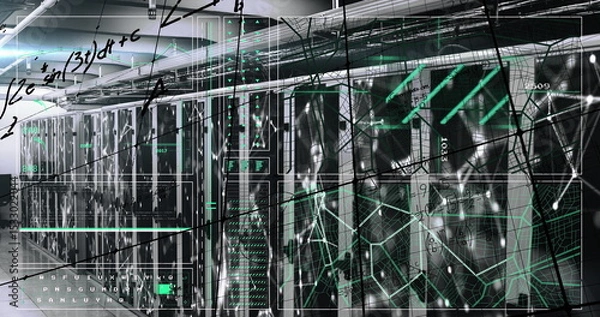 Obraz Displaying server racks showing LED indicators, digital overlay in data center hall, data theme