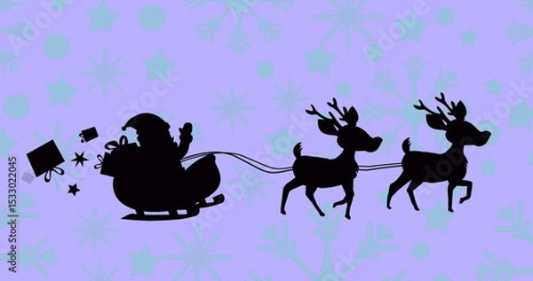 Obraz Gliding Santa figure guiding reindeer pulling sleigh across purple snowflake sky, tumbling gifts