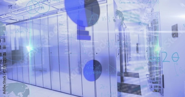 Fototapeta Featuring cable trays above server racks lining data center corridor with patch cables