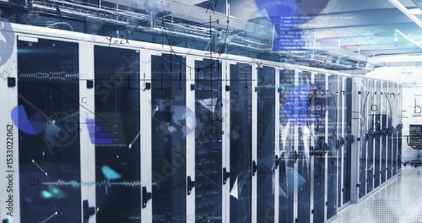 Obraz Server racks humming with LED lights in data center hallway, with cable trays and overlay graphics