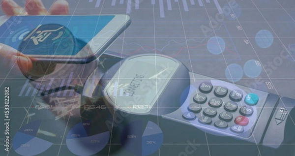 Obraz Displaying smartphone using POS terminal at checkout, showing bar, line and pie chart overlays