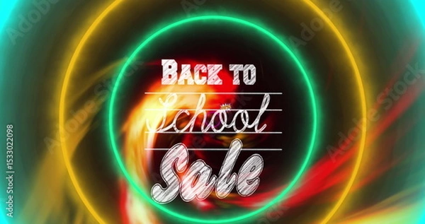 Obraz Featuring design swirling neon rings around Back to School Sale text on screen, with ruled lines