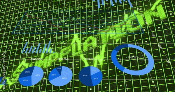 Obraz Neon-green upward line rising in dashboard interface, with wireframe grid and blue pie charts