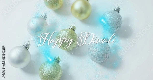 Obraz Displaying glittery spherical ornaments and Happy Diwali text overlay in studio, with glitter dust