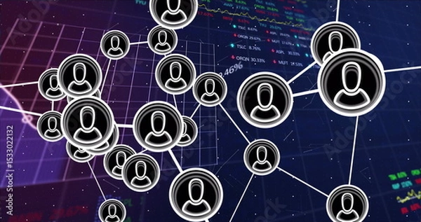 Fototapeta Displaying network visualization connecting user icons over digital grid, with market data overlay