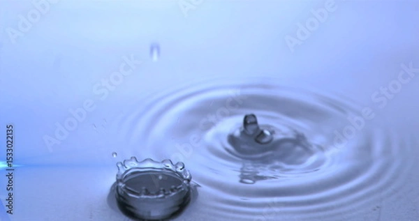 Fototapeta Capturing droplet hitting water in studio, forming crown-shaped and column splashes with ripples