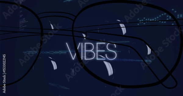Obraz Displaying neon-white VIBES text over digital layout with black glasses, teal waveforms, blue dots