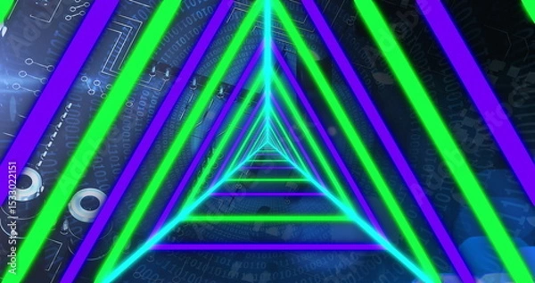 Obraz Glowing triangular frames receding into digital tunnel, with binary, schematic and circuit traces