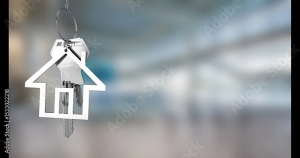 Obraz Suspending house-shaped metallic keychain holding metal keys in blurred modern lobby, copy space