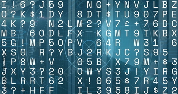 Fototapeta Displaying centered grid of white alphanumeric symbols on blue data interface, with HUD elements
