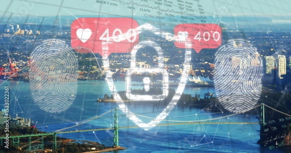 Obraz Displaying shield padlock icon over bridge view, showing fingerprints, social stats, market data