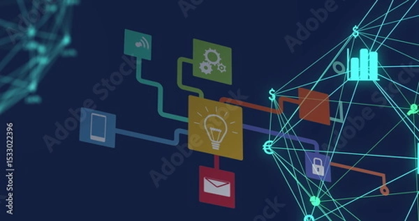 Obraz Displaying mesh view growing in digital space, with gear light bulb envelope and smartphone icons