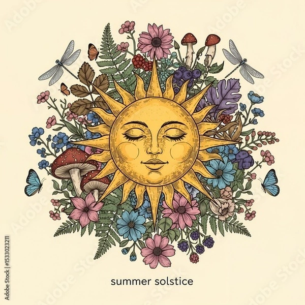 Fototapeta Bohemian Summer Solstice Illustration with Sun Face, Flowers, Mushrooms, Butterflies and Dragonflies in a Whimsical and Artistic Style