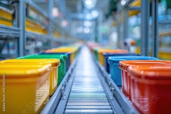 Fototapeta Plastic bins moving on automated conveyor belt in modern industrial production line