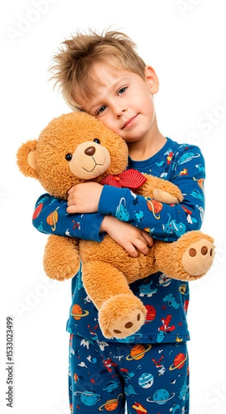 Fototapeta A smiling boy cuddles a teddy bear, radiating comfort and warmth in his pajamas.