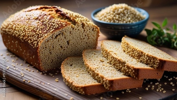 Fototapeta A freshly baked loaf of quinoa bread with a crust dusted in grains and a dense, seed-speckled interior. Uncooked quinoa and herbs nearby emphasize its wholesome, nutritious origin